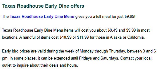 Texas Roadhouse Senior Discount - Texas Roadhouse Early Dine Offers